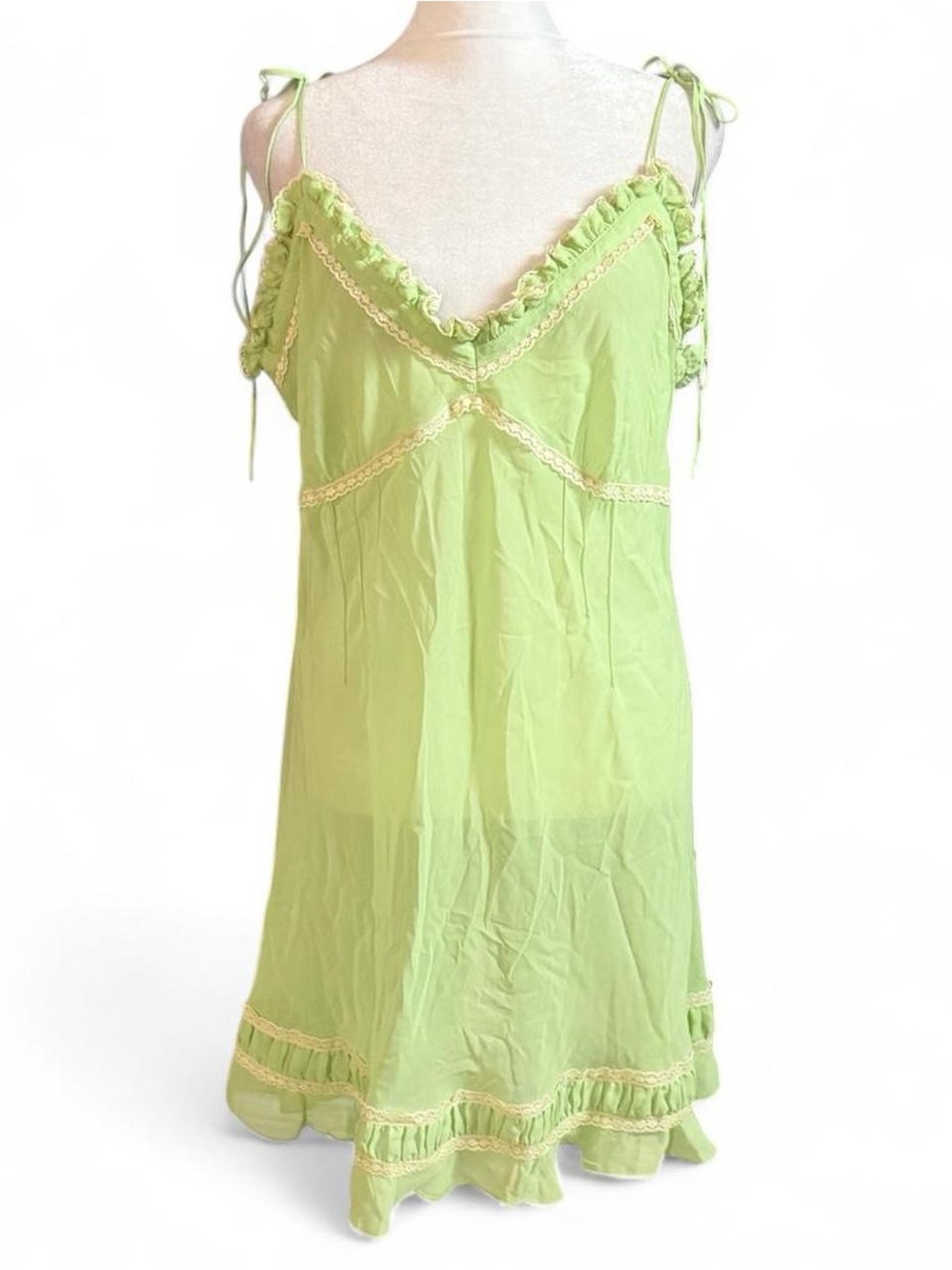 Vintage Y2K Delicates Lime Green Sheer Ruffle Slip Dress Nightgown L